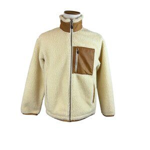 Orvis mens Cream Brown Sherpa Full Zip Jacket Leather Accents Size M